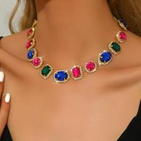 Luxury Full Diamond Geometric Oval Color Crystal Neck Chain Earrings Rhinestone Necklace Fashion Exaggerated Bundle Necklace