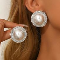 Exaggerated Round Pearl Stud Earrings, Luxurious And High-End Temperament, Fashionable Diamond-Set Style And Thin Earrings, Women'S Trend