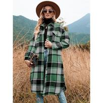 Temperament Slim-fit Long Windbreaker Lapel Pocket Plaid Woolen Coat S žalia