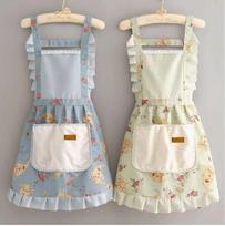 2pc Kitchen Apron Set Adjustable Straps Home Cooking Aprons with Front Pocket Ruffled Edges Durable Fabric for Household Use One Size žalia