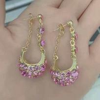 Elegant Pink High End Long Crystal Drop Earrings Fashionable Shiny Hoop Ear Clips For Women Jewelry default