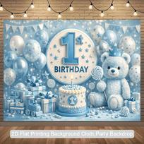 2D Light Blue Teddy Bear 1st Birthday Party Backdrop, Baby Boy First Birthday Background Decoration 47.2x31.5inch/120*80cm