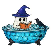 Halloween Stained Glass Suncatcher, Witch Ghost in Bathtub with Book and Raven, Spooky Window Hanging Decoration for Home One Size