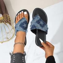 Women's Wide Width Denim Flip Flops - Round Toe Flat Sole Slide Sandals for Summer, Casual Outdoor Slides 36 mėlyna