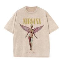 Vintažiniai juodi Nirvana marškinėliai su Utero Angel grafika Rūgštinio plovimo Oversized marškinėliai S beige