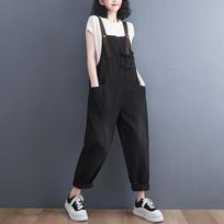 Denim Overalls Ladies's Korean Version of Loose Spring and Summer Retro Suspender One-piece Pants XXL juoda