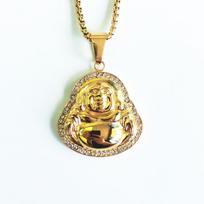 Hip Hop Men Necklace with Rhinestone Stainless Steel Gold Color Plated Maitreya Pendant 60cm