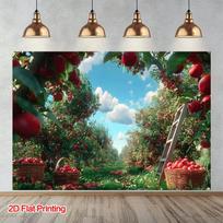 2D Apple Orchard Background Cloth, Sunny Red Apple Trees with Baskets & Ladder Party Backdrop 47.2x31.5inch/120*80cm