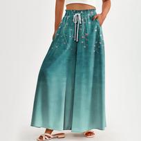 Moteriškos kelnės aukštu liemeniu plačiomis blauzdomis Laisvalaikės Flowy Palazzo Pants kelnės su gėlėmis su kišenėmis L žalsvai mėlyna