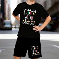 Boys 2 Piece ITALIA ANDIAMO Printed Outfit, Short Sleeve T-Shirt and Shorts Set for Kids Age 5-14,Black ,white Sporty Casual Summer Clothes 5-6 Years juoda