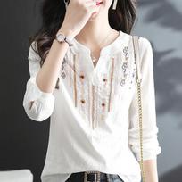 Ladies Slim Business Long Sleeve Pullover Ethnic Style Embroidery Slim V-Neck Shirt S