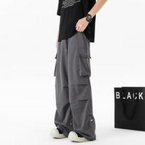Men's Solid Gray Elastic Waist Drawstring Wide Leg Cargo Parachute Pants M juoda