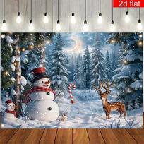 2D Christmas Winter Forest Backdrop Snowman Reindeer Party Photography Background 47.2x31.5inch/120*80cm