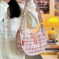 Handbag Hobos Crossbody Bag Plaid Canvas Dumpling Bag Leisure Half-moon Shoulder Bag  Unisex rožinė