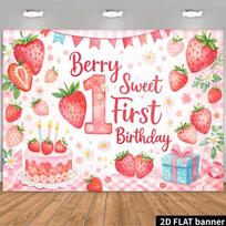 2D Strawberry Themed First Birthday Backdrop, Berry Sweet Pink Checkered Party Banner 47.2x31.5inch/120*80cm