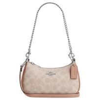 COACH Teri 19 brand logo zipper closure, artificial leather with recycled leather, crossbody shoulder bag, small size, women's milk tea color ruda