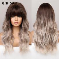 Ombre Brown Blond Grey Ash perukas su kirpčiukais moterims Ilgi vandens banguoti karščiui atsparūs sintetiniai plaukų perukai