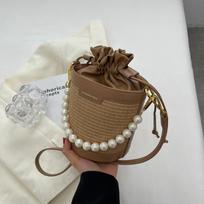 Simple Knitting Small Crossbody Bags Women Patchwork Design Pearl Bucket Packs Female Elegant Drawstring Straw Woven Bag black