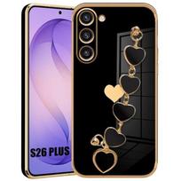 Coque pour Samsung Galaxy S26 Plus, Silicone Souple Slim Noir Motif Cœur avec Bracelet juoda