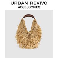 URBAN REVIVO Women's Holiday Straw Fringe Handbag One Size chaki