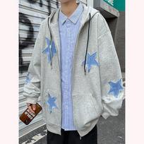 Oversized Star Patch Zip Up Hoodie Jacket for Men Y2k 90s Streetwear Pullover Sweatshirt Casual Outerwear for E-Girl E-Boy Daily Wear M pilka spalva