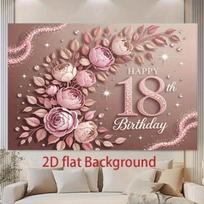 2D Happy 18th Birthday Photography Backdrop, 3D Rose Floral Party Background Cloth 47.2x31.5inch/120*80cm