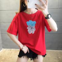 Korean Version of The Short-sleeved T-shirt Ladies's Summer Round Neck Printed Chic Top XXXL raudona