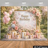 2D Pink Garden Birthday Backdrop - Floral Balloon & Gift Box Party Photography Banner 47.2x31.5inch/120*80cm