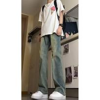 Men's Casual Streetwear Style Solid Beige Wide Leg Straight Denim Pants S mėlyna