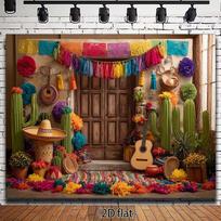 2D Colorful Mexican Fiesta Background, Cactus Guitar Papel Picado Photography Backdrop for Taco Party 47.2x31.5inch/120*80cm