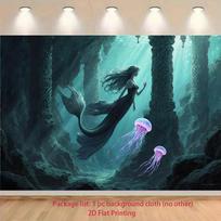 2D Enchanted Mermaid Backdrop, Underwater Cave & Jellyfish Background Cloth 47.2x31.5inch/120*80cm