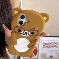 Mielos 3D animacinės akinių Rilakkuma meškiuko minkšto silikono galinis dangtelis, skirtas iPhone 16 Plus 15 14 13 12 11 Pro X XS Max XR 6 7 8 Plus SE For iPhone 16 Pro Max ruda