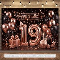 2D Black Rose Gold 19th Birthday Backdrop Shiny Glitter Number 19 Photography Banner 47.2x31.5inch/120*80cm