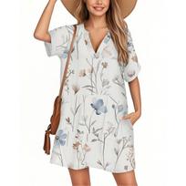 Women's Fashion Smock Hawaiian Floral Casual Short Sleeve V-neck T-shirt Dress Holiday Beach Dress XXL
