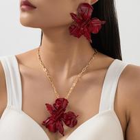 Prabangūs Dideli Gėlių Auskarai Raudonos Gėlės Vėrinys Apyrankė Žiedai Papuošalų Aksesuarai Earrings+Necklace