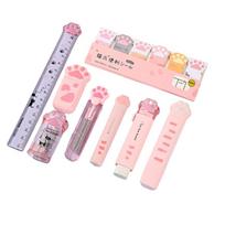 9 Pcs Learning Gift Box Pencil Case Cats Paws Stationery Set Eraser Correction Tape Ruler Sticky Notes School Supplies rožinė
