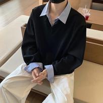 Men's Preppy Style Striped Collar Fake Two Piece Casual Pullover Sweatshirt M juoda