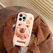 For iPhone 16 15 14 13 12 11 Pro Max Kawaii 3D Cartoon Copybara Case Soft Silicone Cover With Stand Holder For iPhone 16 Pro Max&Case & Holder rožinė