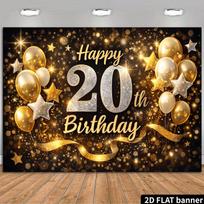 2D 20th Birthday Black Gold Backdrop for Men Women Birthday Party Background 47.2x31.5inch/120*80cm