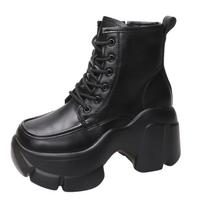 Madingi Moteriški Aukštos Platformos Batai Motociklams Rudens Žiemos 8CM Kulnai Koviniai Batai Kulkšniai Nauji Stambūs Odiniai Sneakers Juodi Batai 34 matinė juoda spalva