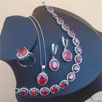 Elegant  Crystal Silver Plated Water Drop Wedding Jewelry Sets for Women Earrings Necklace Adjustable Ring Bracelet Ring size 6 raudona