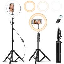 10 colių žiedinė lempa su trikoju, reguliuojamo ryškumo LED selfi šviesa, komplekte yra telefono laikiklis ir „Bluetooth“ nuotolinio valdymo pultelis, 3 spalvų temperatūros ir 10 ryškumo lygių