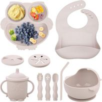 Baby Weaning Set 10 Pieces Silicone Bib Divided Plate Suction Bowl Snack Cup Spoons Hypoallergenic Beige