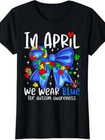 In April We Wear Blue Autism Awareness Coquette Bow Ladies' Crewneck T-ShirtSame Style for Men and Womensummer Short-sleeved Printed T-shirt Pure S įvairiaspalvis