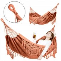 Didelė dvivietė tvirta sodo hamako Boho makrama Midas 150x200 XXL karamelinė
