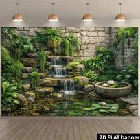 2D Stone Wall Waterfall Background Cloth Lush Greenery, Lily Flowers and Clear Pond Decor 47.2x31.5inch/120*80cm