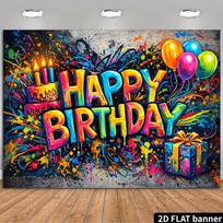 2D Graffiti Happy Birthday Backdrop Vibrant Color Splash Photography Banner 47.2x31.5inch/120*80cm multi