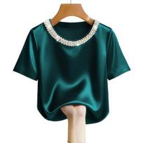 Women T-shirt Round Neck Satin Fabric Tee Shirt with Hand-Sewn Imitation Pearls Short Sleeve Loose Fit Casual Tops XXL žalia