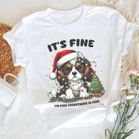 Cavalier King Charles Spaniel Santa Christmas Light It's Fine I'm Fine Shirt M