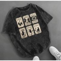 Women's Retro Tarot Black Cat T-shirt Retro Washed Casual T-shirt Mystery Cat Design Round Neck Short Sleeve Top Retro Style Top S